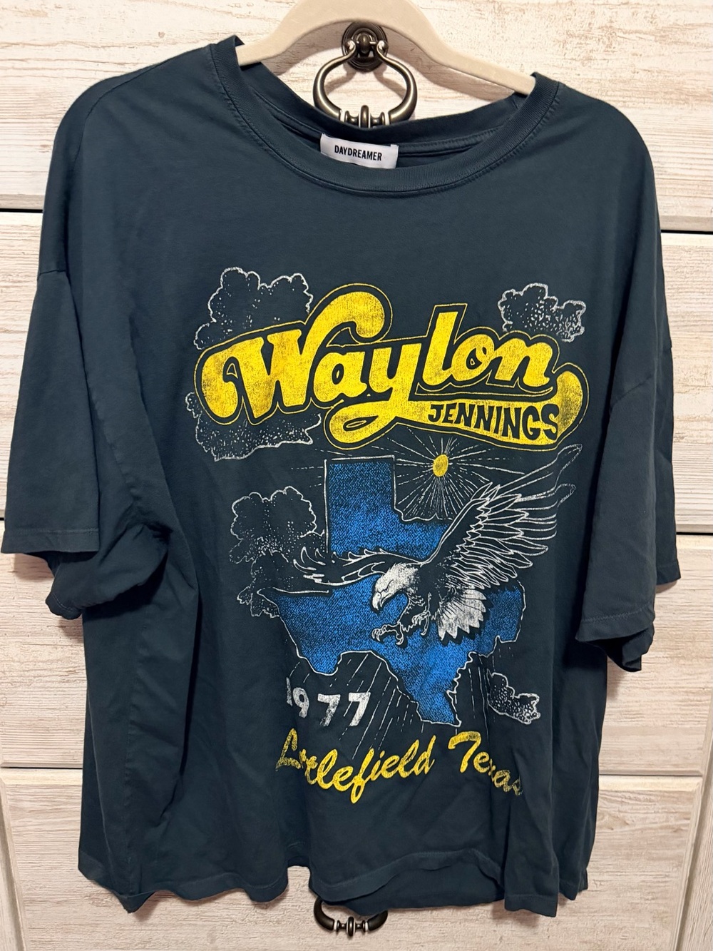 Daydreamer Dark Teal Waylon Jennings Graphic Tee with Yellow & Blue Print